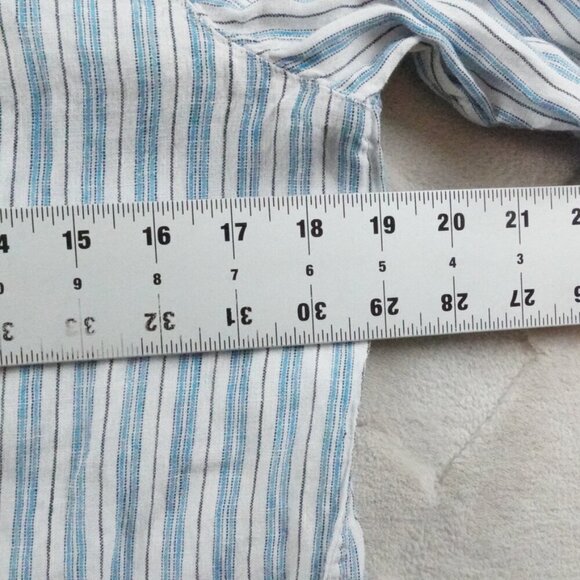 J.Jill Love Linen Blouse Women Small Striped White Blue Pop Over 1/4th Button - Picture 7 of 11